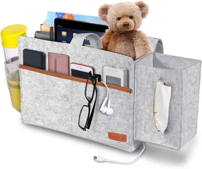 Produktbild von OKWISH Betttasche, Filz Bett Caddy Organizer zum Einhängen Nachttisch Tasche Sofa-Bett Dicke Filz, Zeitschriften, iPad, Handy, Fernbedienung Grau