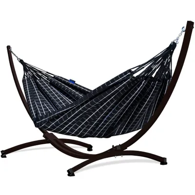 Produktbild von Potenza Outdoor Catargo Hängematte mit Gestell für 2 Personen I Baumwolle Doppelhängematte XXL 220x160, 220kg I Braun Hängemattengestell 220kg, wetterfest