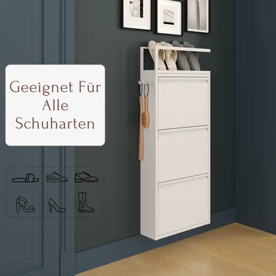 Produktbild von Furni24 Schuhschrank Schmal Weiß mit 3 Klappen – Schuhkipper Metall mit Hakenleiste und Pantoffelregal