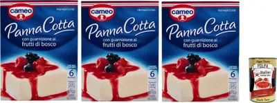 Produktbild von Cameo Mischung für Panna Cotta mit Beeren -Garnieren, leicht zubereitete Dessert, die Packung enthält die Form zum Kochen, 6 Portionen, 3x 107 g + Italian Gourmet polpa 400g