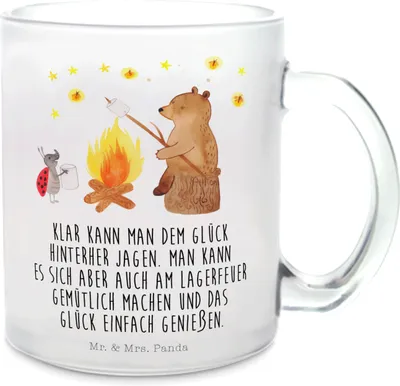 Produktbild von Mr. & Mrs. Panda Tee Tasse Bär & Marienkäfer Lagerfeuer - Transparent - Geschenk, Teetasse, Häferl, glastasse, aus Glas, Trinkglas, Teddy