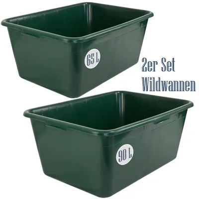 Produktbild von 2er Set Wildwanne  65 L + 90 L Futterwanne Mörtelwanne Kunststoffwanne Wassertrog Wasserbehälter Grün Lebensmittelecht Multiwanne Petigi