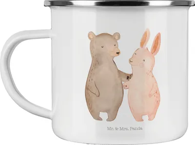 Produktbild von Mr. & Mrs. Panda Teebecher Bär und Hase Umarmen - Weiß - Geschenk, becher emaille, Pott, Freunde, Freundinnen, Tasse, Hocheitstag, Teetasse, BFF, für Immer