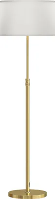 Produktbild von Stehlampe mit Fernbedienung, höhenverstellbar, Stoffschirm, Metallständer, anpassbare Helligkeit, Fußschalter, Goldfarben