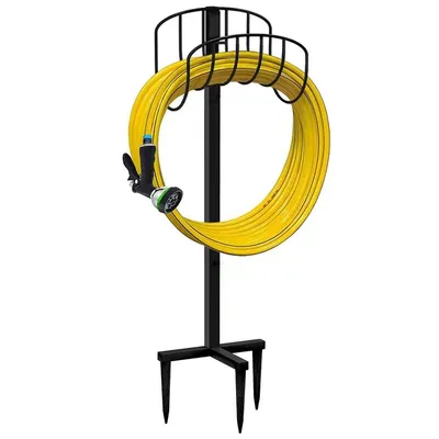 Produktbild von Gartenschlauchhalter aus Metall, freistehend, robuster Wasserrohrhalter, Bodenschlauch-Organizer für den Außenbereich (schwarz)
