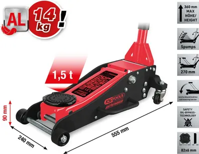 Obrázok produktu pre Hydraulický zdvihák na vozidlá, hliníková konštrukcia, nosnosť 1500 kg, zdvihový rozsah: 90-360 mm