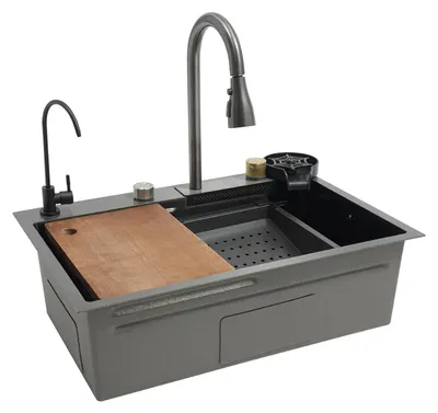 Produktbild von Spüle aus Edelstahl - Küchenspüle Doppelbecken mit Wasserhahn - Wasserfall - Ausziehbare Brause 30 cm - 68x45x21 cm - Grau