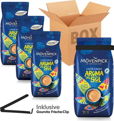 Produktbild von SPARBOX Mövenpick Crema AROMA DEL SOL + gratis Gourvita Frische-Clip, 4x1000g Bohnen