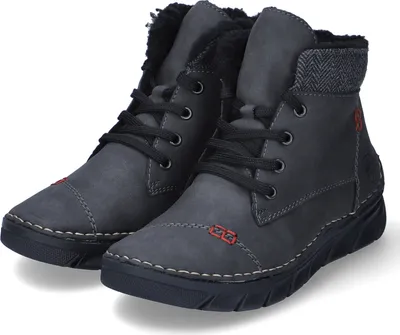 A pair of grey winter boots with black laces and red stitching.