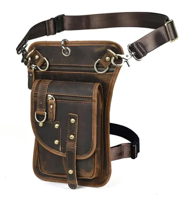 Image de Sacoche pour homme en toile et cuir marron, idéale pour la moto, sac banane FB211-6, taille M