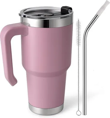 Produktbild von Famanu Thermobecher mit Strohhalm und Griff - Edelstahl, vakuumisoliert, BPA-frei