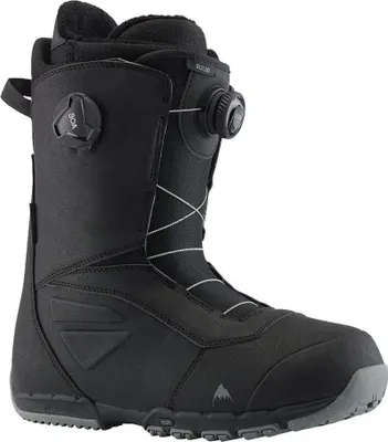 A black snowboard boot shown from the side.