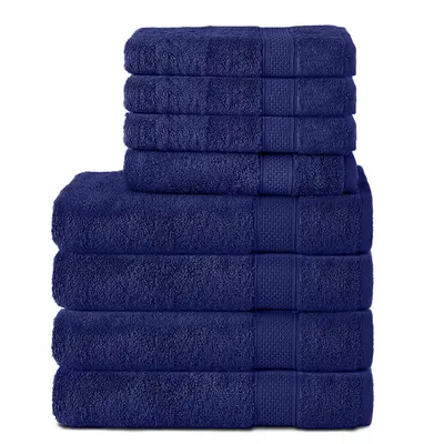 Produktbild von Komfortec 8er Handtuch Set aus 100% Baumwolle, 4 Badetücher 70x140 und 4 Handtücher 50x100 cm, Frottee, Weich, Towel, Groß, Navy Blau