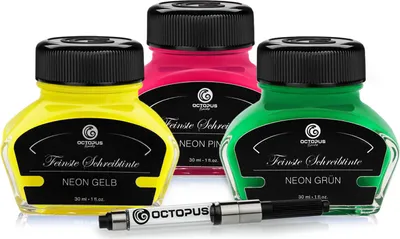 Produktbild von 3 x 30 ml Textmarkertinten-Set für Füllhalter Neon-Gelb, Neon-Pink und Neon-Grün mit Konverter