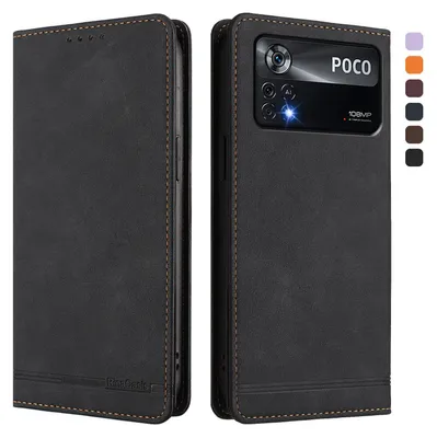Produktbild von Hülle für Xiaomi Poco X4 Pro 5G, Retro Kunstleder Ständer Klapphülle mit Kartenfächer und Magnetische Schwarz