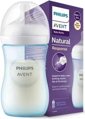 A Philips Avent baby bottle and its packaging are shown against a white background.