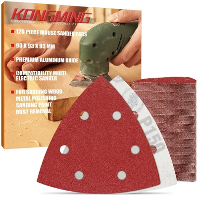 Obrázok produktu pre Brúsny papier trojuholníkový, 120 kusov, zrniteľnosť 150, s suchým zipsom, 6 otvorov, pre delta brúsky, 93 mm