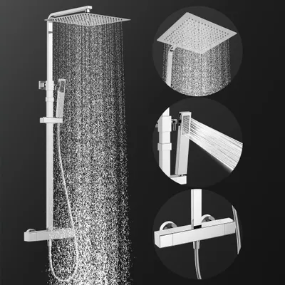 Zdjęcie produktu dla System prysznicowy Homelody z termostatem, stal nierdzewna SUS 304, kwadratowa, bardzo duża głowica prysznicowa typu deszczowego 30×30 cm, zakres regulacji 855–1105 mm, chrom