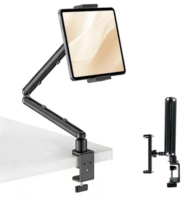Obrázok produktu pre Držiak na tablet – Prenosný – Nastaviteľný hliníkový držiak – Dvojitý rameno – 360° otáčanie – Vhodný pre tablety s uhlopriečkou 4-11 palcov – Vysoká pevnosť a stabilita – Držiak na tablet