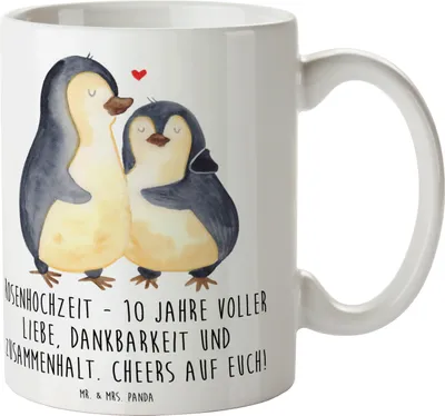 Produktbild von Mr. & Mrs. Panda Tasse 10. Hochzeitstag Rosenhochzeit - Weiß - Geschenk, Heiraten, Heirat, Teetasse, Liebe und Hingabe, Ehejubiläum, haferl, Geschenke, Kaffeebecher