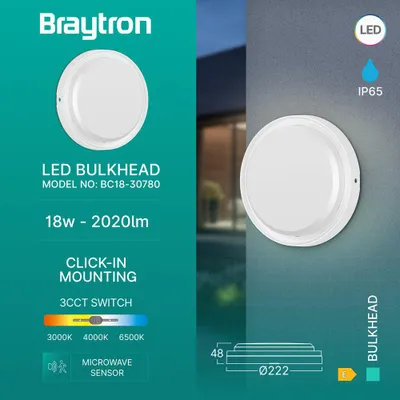 Productafbeelding van Braytron LED Wandlamp/Plafondlamp met bewegingsmelder, sensor, 18W, IP65, 3-in-1, buitenlamp, wit