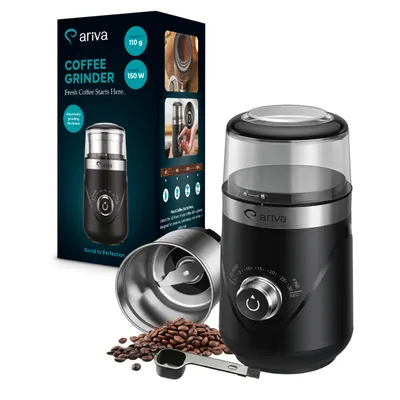 Produktbild von Elektrische Kaffeemühle ariva mit Timer, 150W, Leise 63dB, Herausnehmbarer Edelstahl-Behälter 110g, Edelstahl-Schlagmesser, Gewürzmühle, Schwarz/Silbe