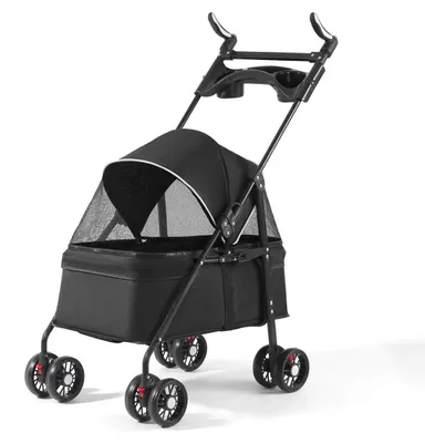 Produktbild von Faltbarer Haustierbuggy - Für Hunde und Katzen - Getränkehalter - 300D-Oxford-Gewebe - Wasserdicht - 4 Räder - Schwarz