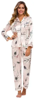 Produktbild von Pyjama-Set Damen - Blumenmuster - Lange Ärmel - Weicher Loungeset - Klassischer Kragen - Größe M - Schlafanzug