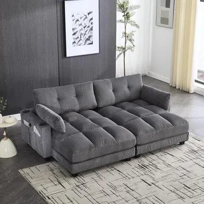 Produktbild von MODFU Modulares Sofa aus Cordstoff,2-Sitzer-Sofa als Zweisitzer mit USB-Ladeanschlüssen, Getränkehaltern & Seitentaschen,modernes Relaxsofa,Schlafsofa,Grau