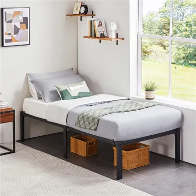 A bedroom corner with a single bed, shelves, and a window.