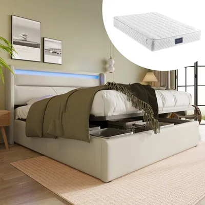 Produktbild von Hydraulik-Stauraumbett 140x200 cm mit LED – Polsterbett in Weiß, PolyurethanBezug, Doppelbett, Funktionsbett, inklusive Matratze