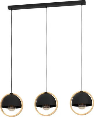 Produktbild von EGLO Hängelampe Callow, Esstisch Pendelleuchte 3-flammig, Esszimmerlampe aus Metall in Schwarz und Holz, FSCM70HB, Hängeleuchte mit E27 Fassung