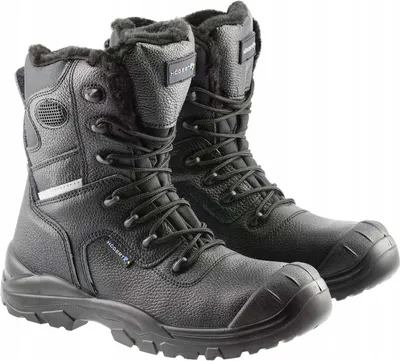 A pair of black insulated winter work boots.