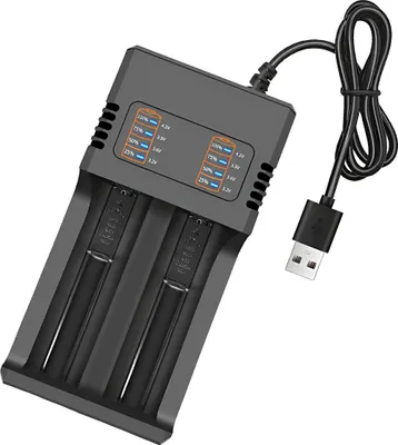 Produktbild von USB Batterie Ladegerät, 2 Slots, Schnellladung, 18650 21700 26650 10440 14500