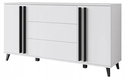 Zdjęcie produktu dla Komoda 150 cm na nóżkach do salonu z szufladami i szafkami biały mat