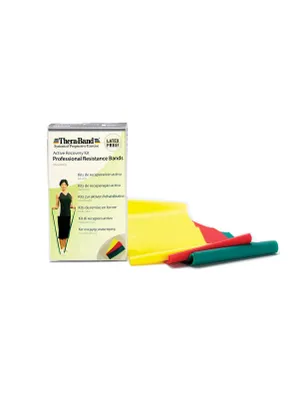 A product shot of a box containing resistance bands, with the bands themselves laid out in front of the box.