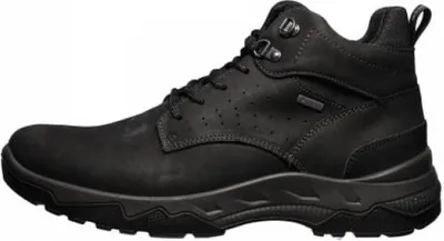 A black leather boot is shown from the side against a white background.