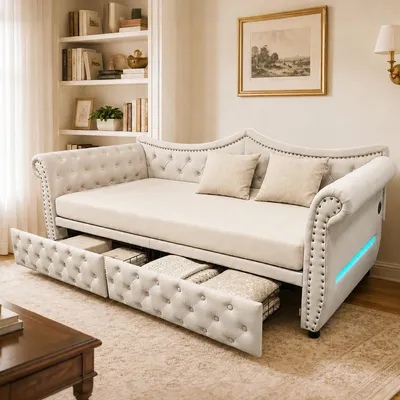 Produktbild von Merax Polsterbett Tagesbett 90x200cm mit 2 Schubladen, Daybett mit USB-Ladeanschluss & LED-Beleuchtung, Samt Schlafsofa, Einzelbett Gästebett, Beige