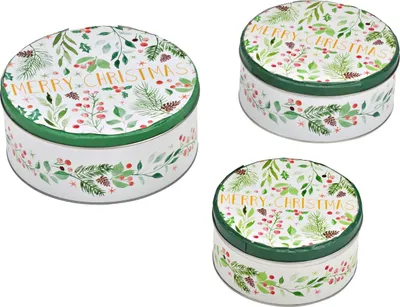 Immagine prodotto di Scatole per biscotti grandi in metallo con scritta Merry Christmas bianca, set di 3 pezzi