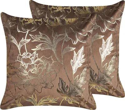 Obrázok produktu pre BELIANI Sada 2 dekoratívnych vankúšov hnedá zamatová 45 x 45 cm zlatá potlač kvetov elegantný dizajn