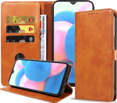 Produktbild von Geschikt voor Samsung  Galaxy A30s Telefoonhoesje Kunstleer met Magnetisch lipje en Pasjeshouder  Book Case met Klepje - Bruin - Smartphonica