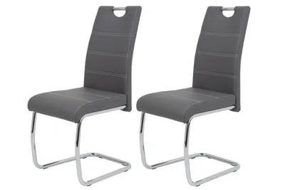 Produktbild von 2er Set Esszimmerstuhl Flora - Bezug Kunstleder Grau - Metallgestell verchromt - 120kg belastbar - Lehne mit Griff
