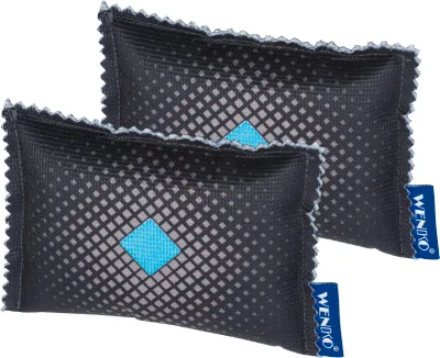 Produktbild von Wenko Luftentfeuchter 120g, wiederverwendbar, 2er Set Kissen & Scheiben aus Polyester, Anthrazit, für Auto, Wohnwagen, Boote, Garagen, Oldtimer, Bad, gegen Rost, Schimmel, Stockflecken & unangenehme Gerüche, mit Wassersättigungsindikator Farbwechsel