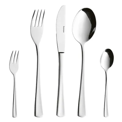 A set of five polished stainless steel cutlery pieces arranged in a row against a white background.