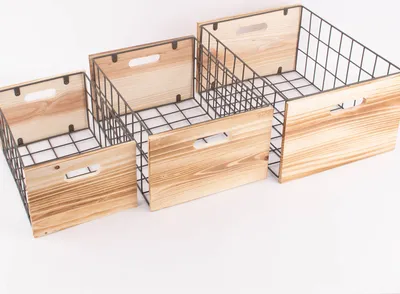 Produktbild von 3er Set Aufbewahrungsbox Holzkiste Gitter Holz natur grau verschiedene Größen