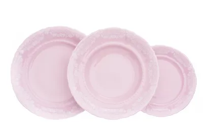 Zdjęcie produktu dla Zestaw talerzy Sonata, biała koronka, różowa porcelana, Leander, 18 szt