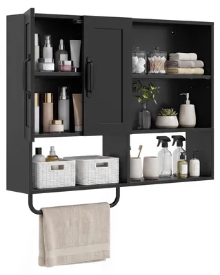 Produktbild von COSTWAY Badezimmerschrank, Wandschrank mit Handtuchhalter & 2 Türen, Hängeschrank mit 4 offenen Fächern&verstellbaren Einlegeböden, Badschrank Schwarz