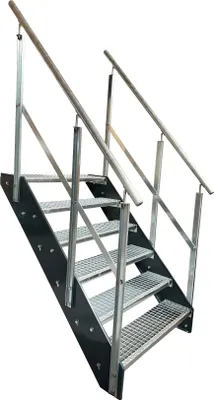 Produktbild von Gitterrost Stahl Wangentreppe 6 Stufen beidsetiges Geländer - Verzinkt & Anthrazit Pulverlackierte Wangen - (B x H x T) 80 x 114 x 120 cm