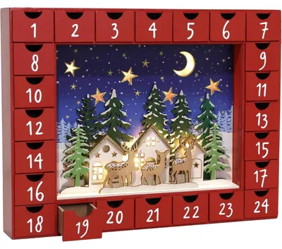 Productafbeelding van Adventskalender van hout, handgemaakt, met 24 lades en een LED-dorpsscène