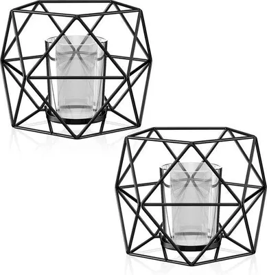 Zdjęcie produktu dla Zestaw 2 sztuk metalowych świeczników Unyqoos® w kolorze czarnym – geometryczne świeczniki na świece typu tealight i świece stożkowe, o wymiarach 11x10 cm, z 2 miseczkami na świece, przeznaczone do świec o średnicy poniżej 4 cm, idealne do dekoracji stołu na wesele